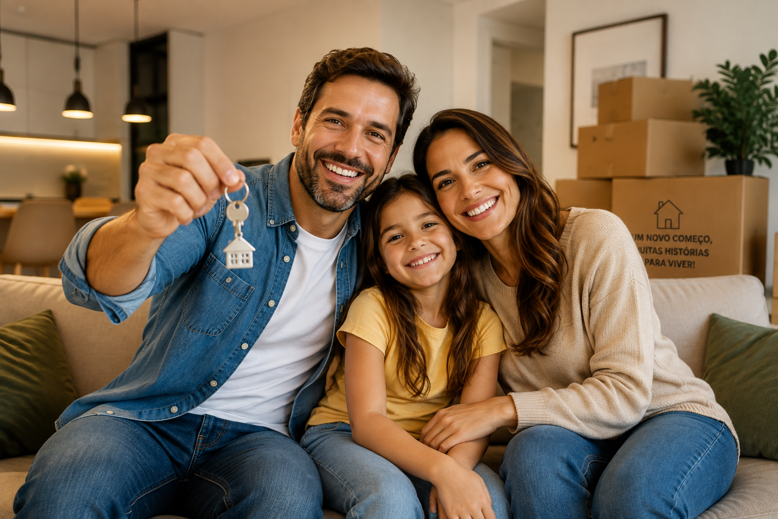 Família feliz com a chave do novo apartamento